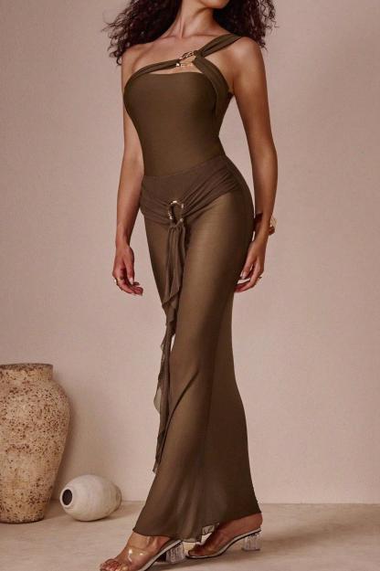 Metal Decorations  One-Shoulder Ruffle Two Piece Swimsuit