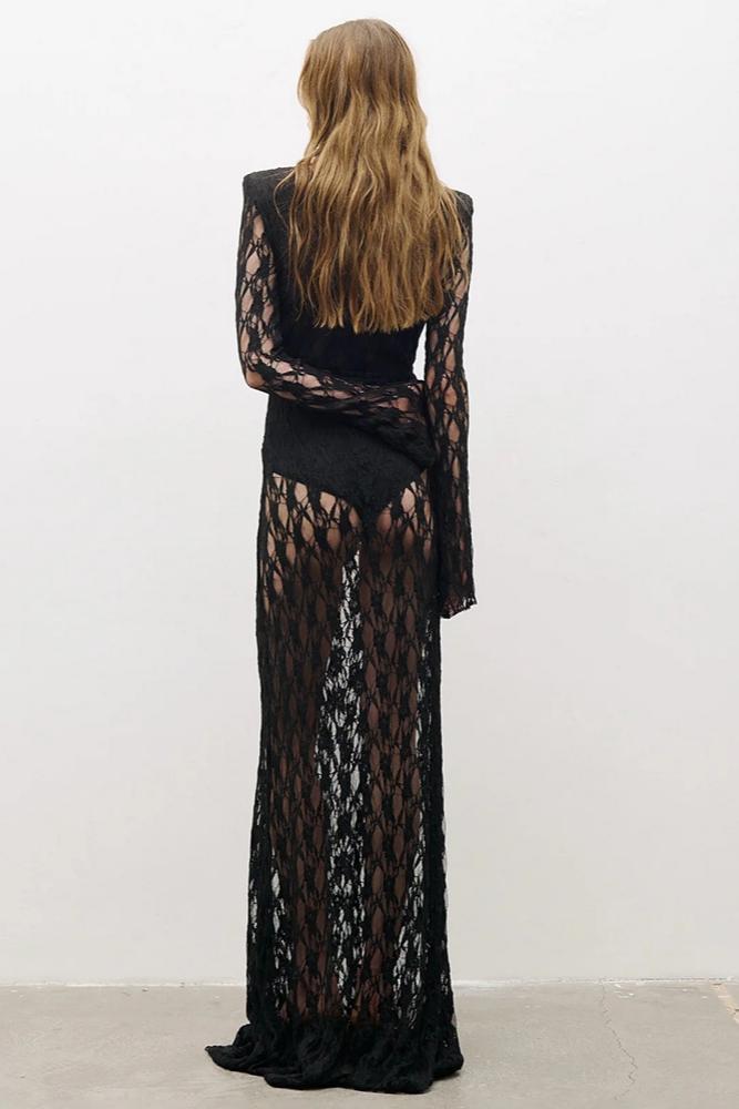 Lace V-Neck Long Sleeve Maxi Dress