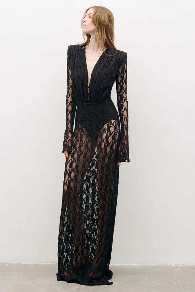 Lace V-Neck Long Sleeve Maxi Dress