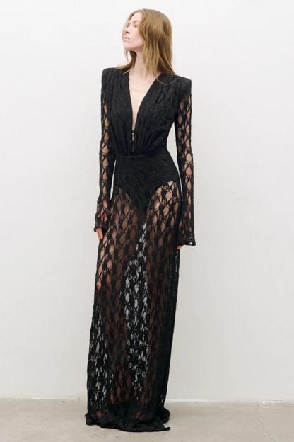 Lace V-Neck Long Sleeve Maxi Dress