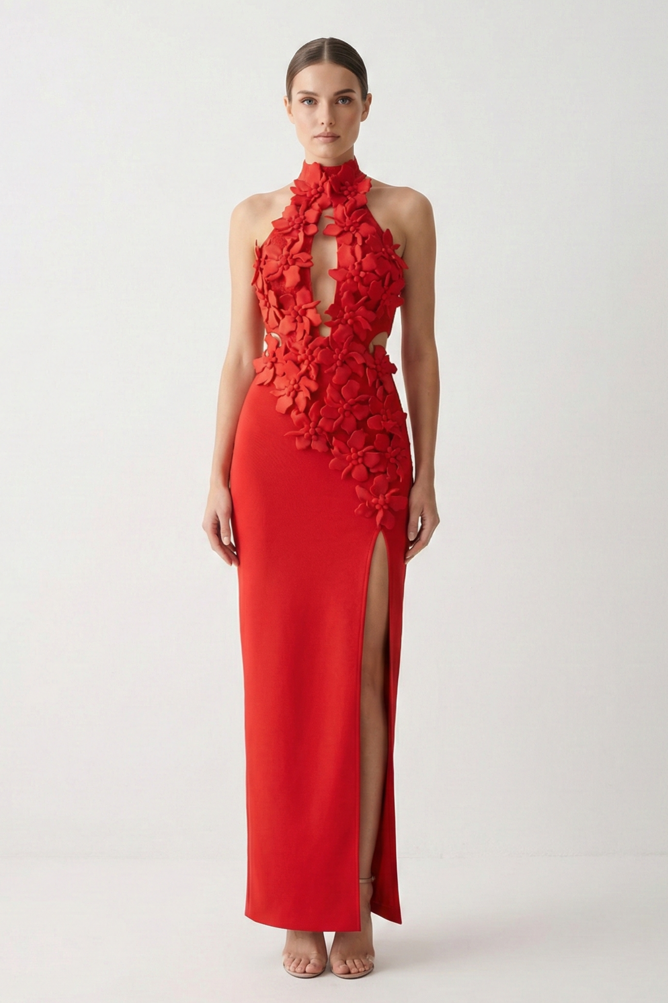 Bandage Halter Neck 3D Flower Maxi Dress