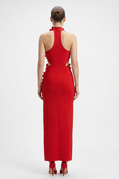 Bandage Halter Neck 3D Flower Maxi Dress