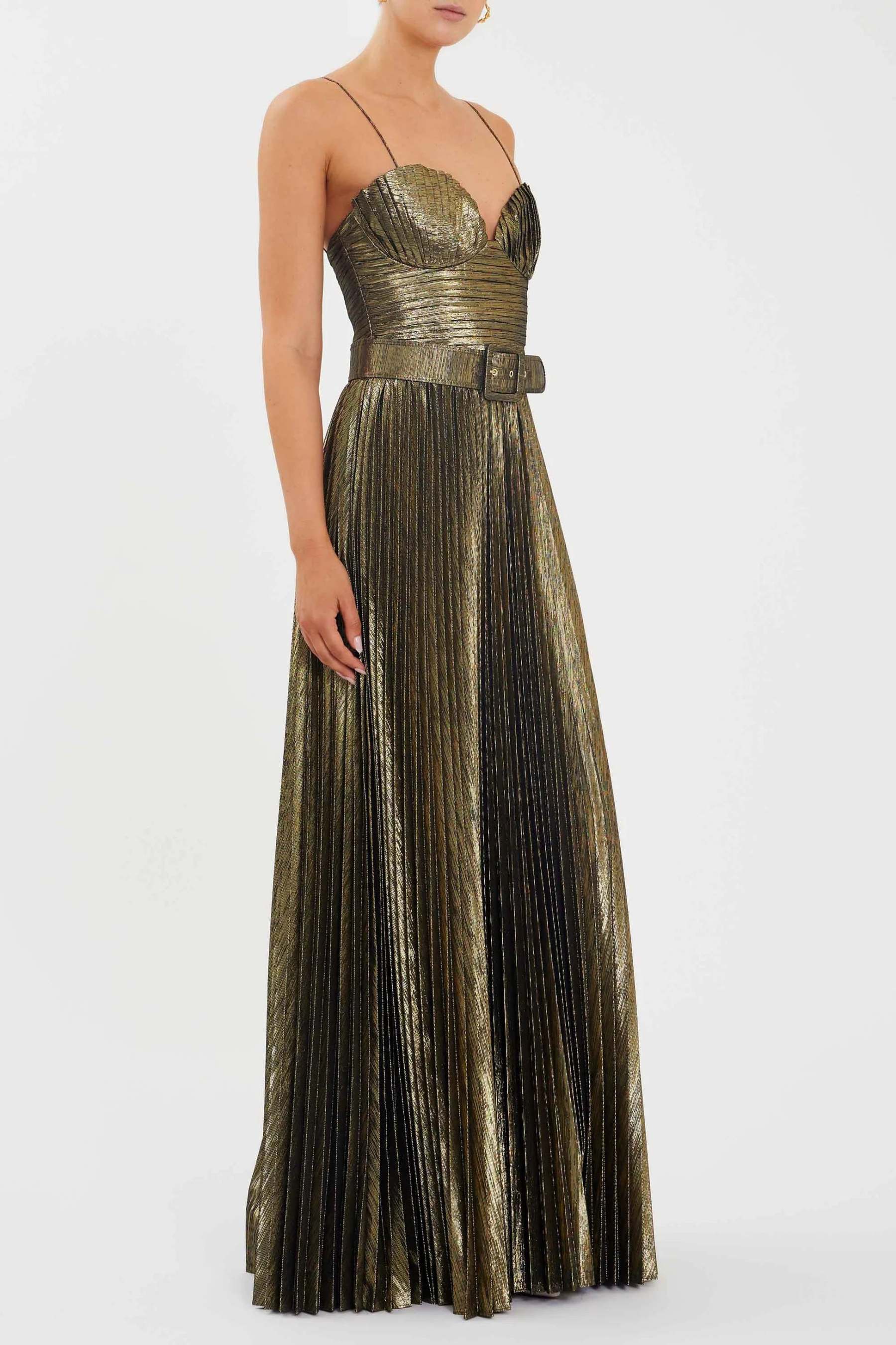 Metallic Fabric Pleated Slip Maxi Dress With Belt