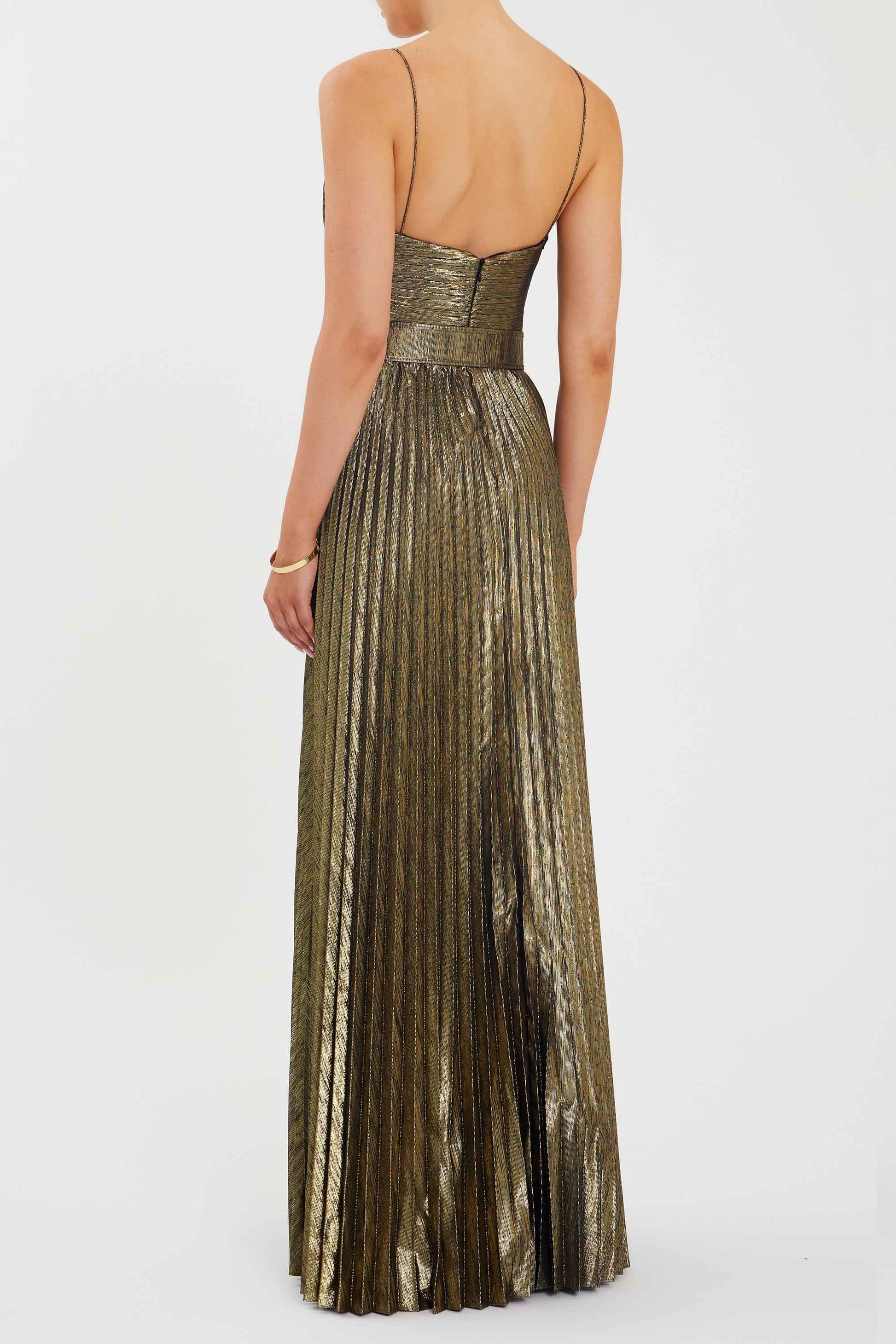 Metallic Fabric Pleated Slip Maxi Dress With Belt