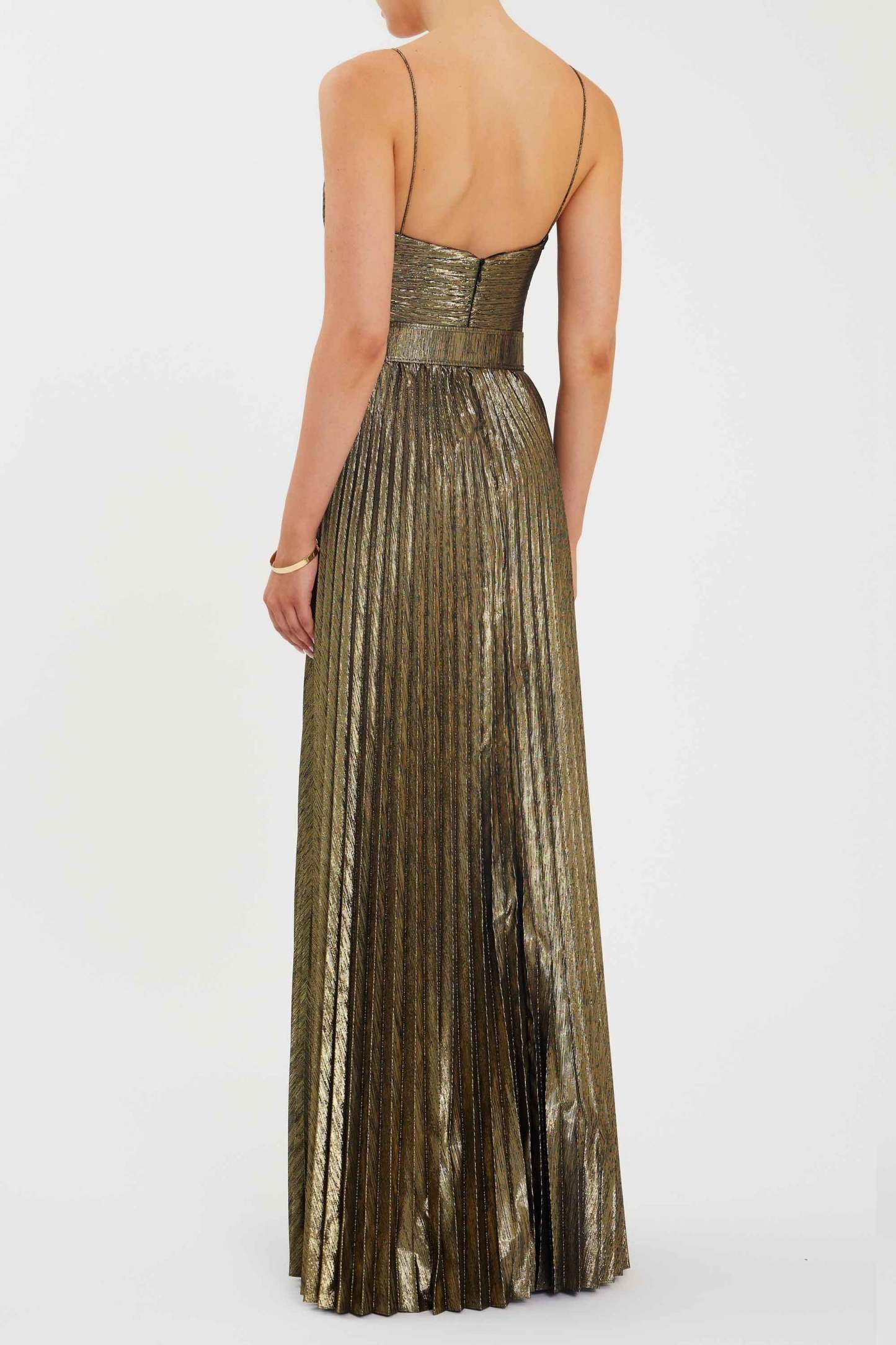Metallic Fabric Pleated Slip Maxi Dress With Belt