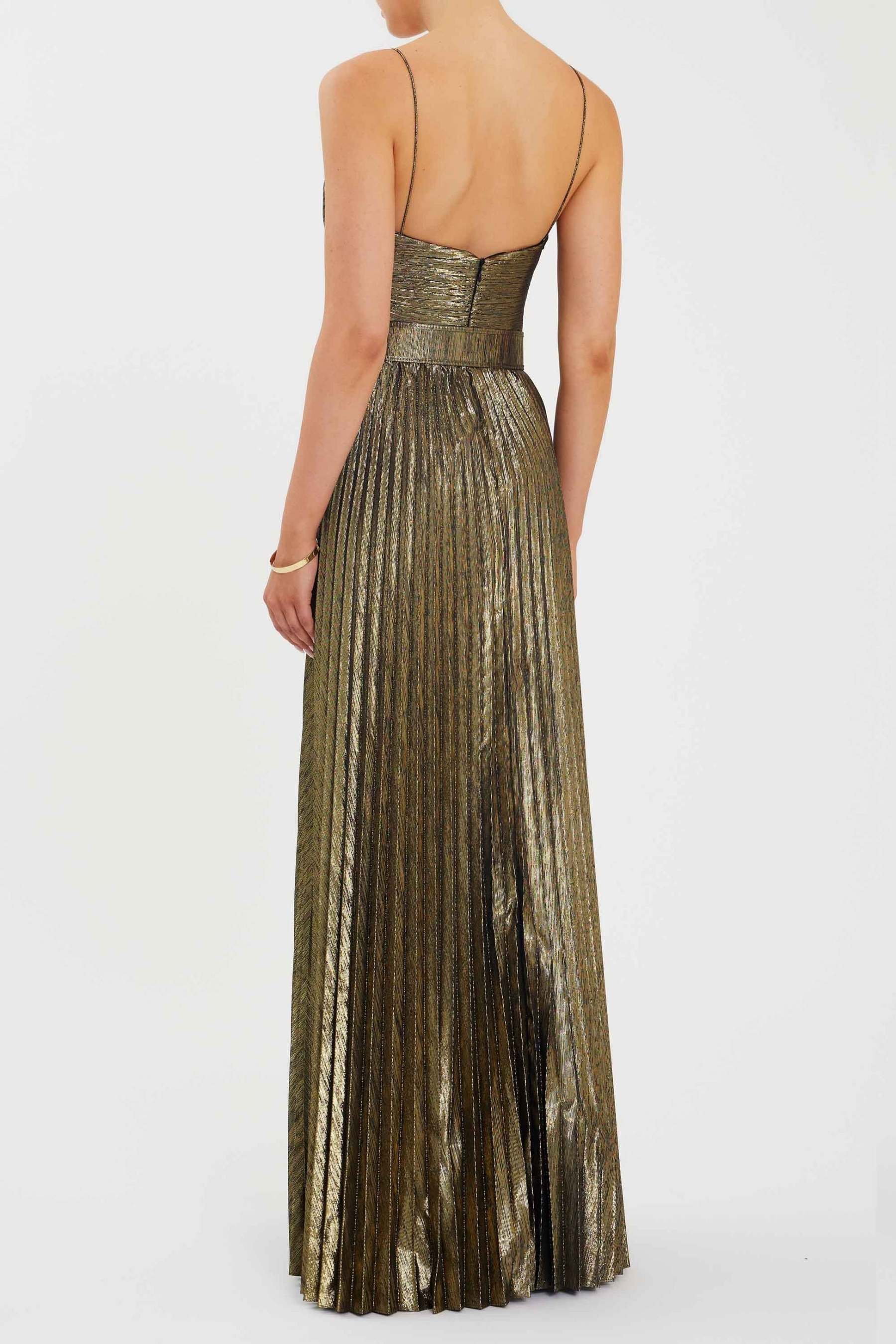 Metallic Fabric Pleated Slip Maxi Dress With Belt
