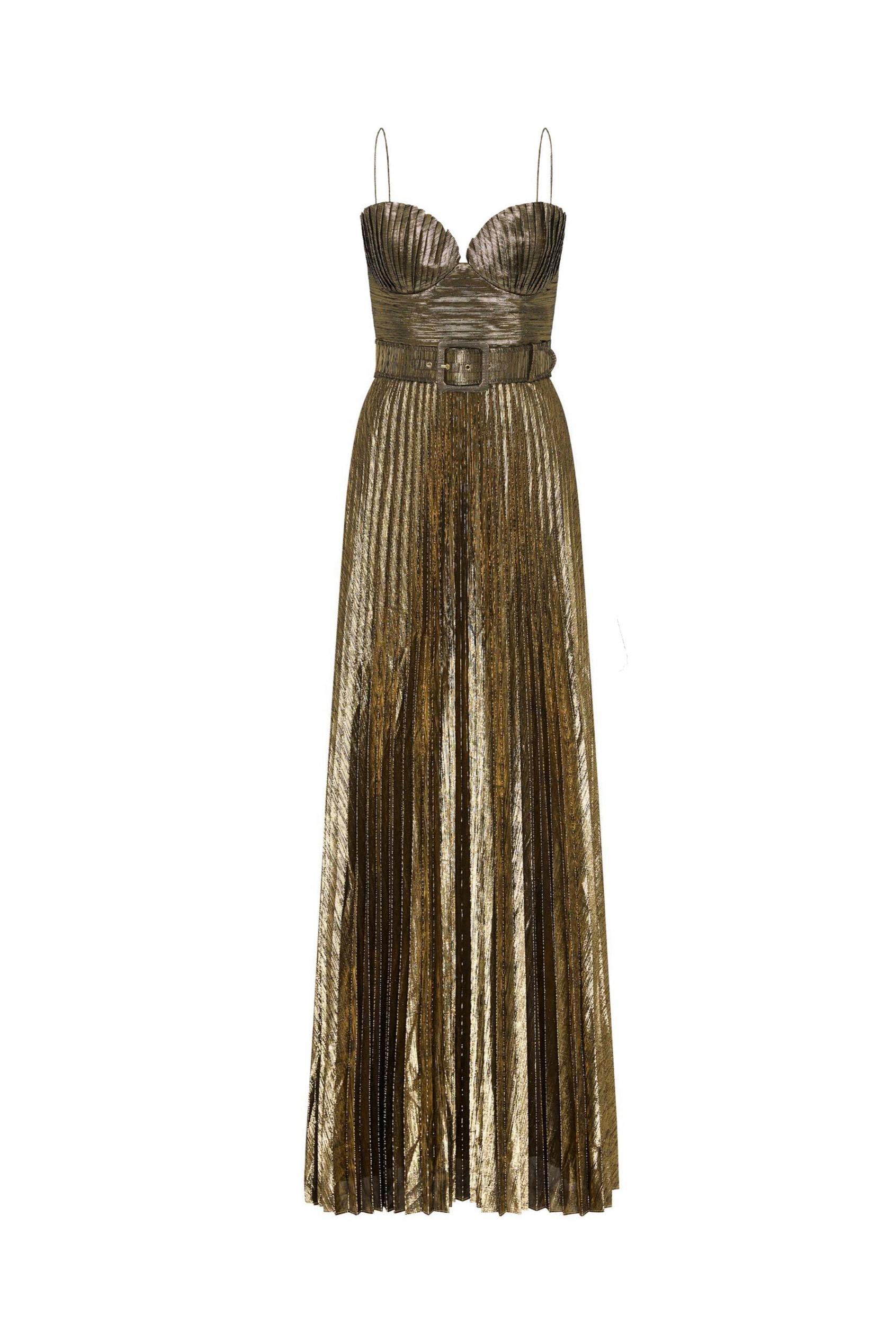 Metallic Fabric Pleated Slip Maxi Dress With Belt