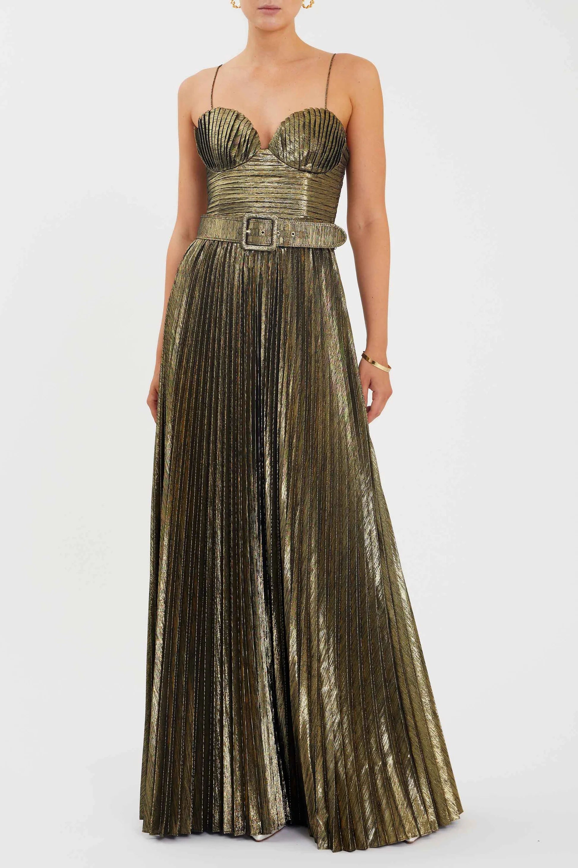 Metallic Fabric Pleated Slip Maxi Dress With Belt