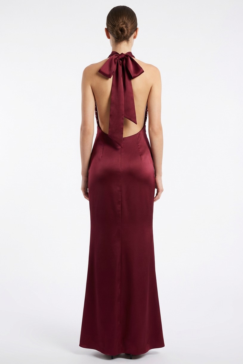 Sequin Splicing Satin Halter Neck Maxi Dress