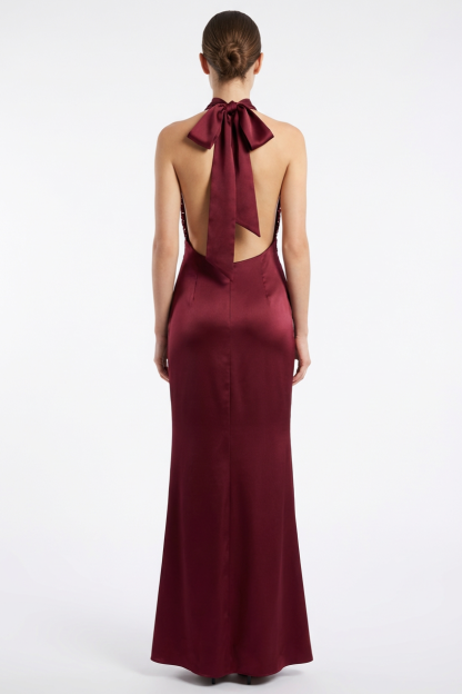 Sequin Splicing Satin Halter Neck Maxi Dress