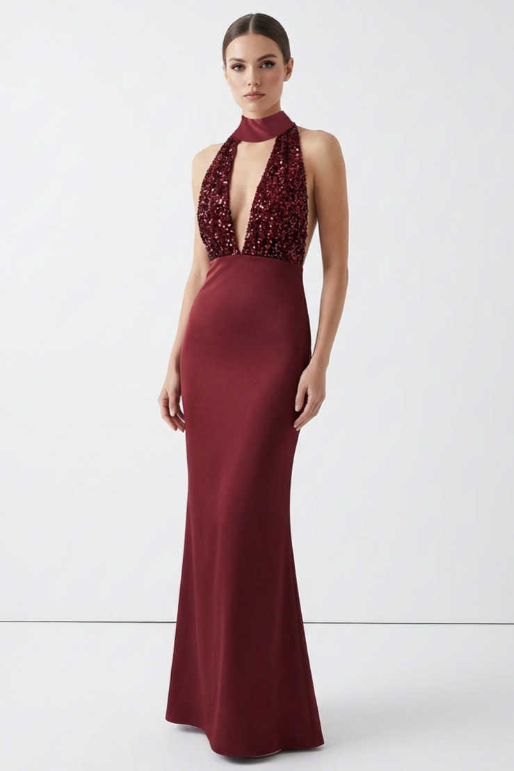 Sequin Splicing Satin Halter Neck Maxi Dress