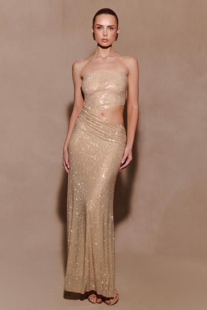 Rhinestone Cut-Out Off-Shoulder Maxi Dress