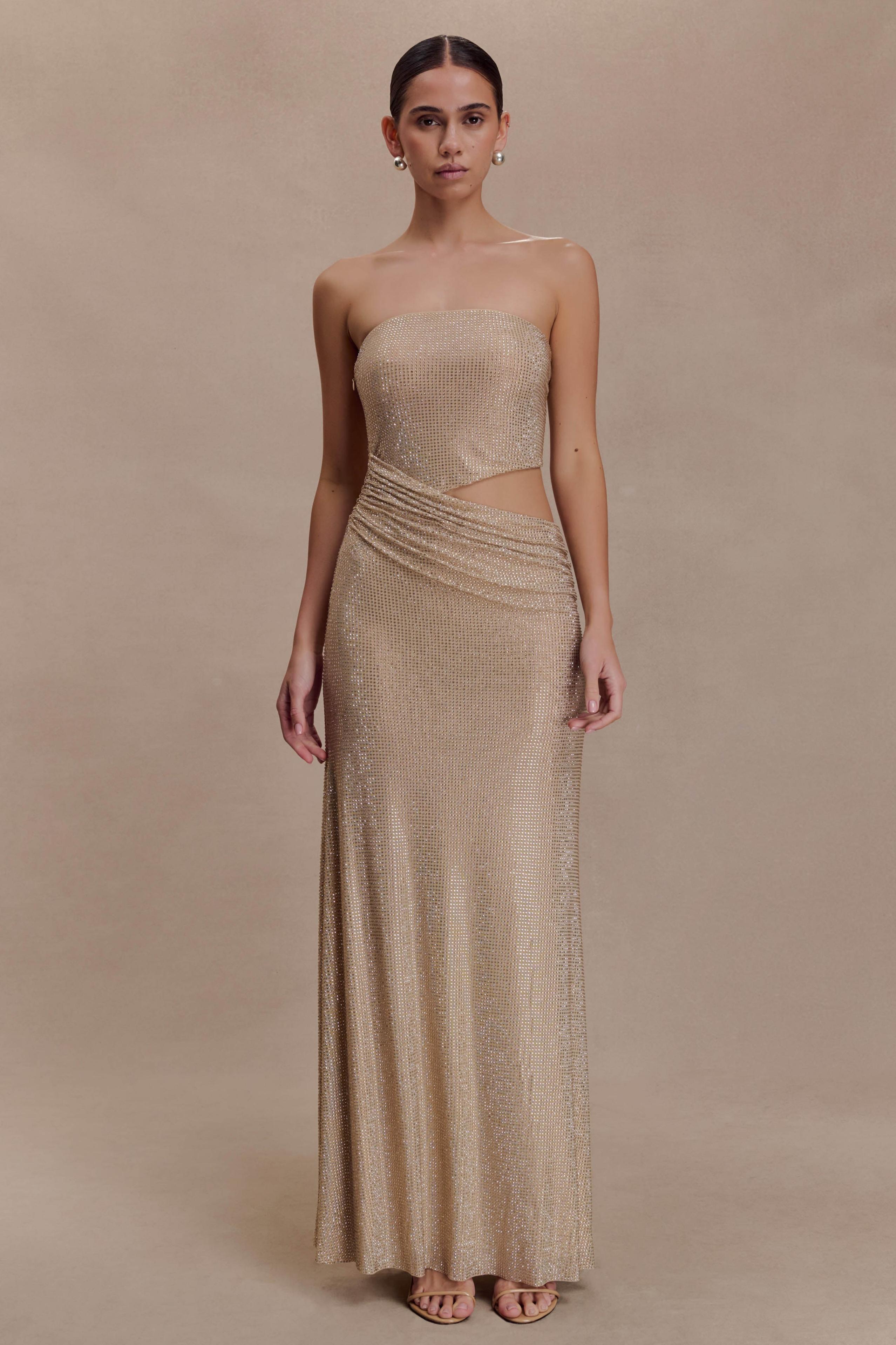 Rhinestone Cut-Out Off-Shoulder Maxi Dress