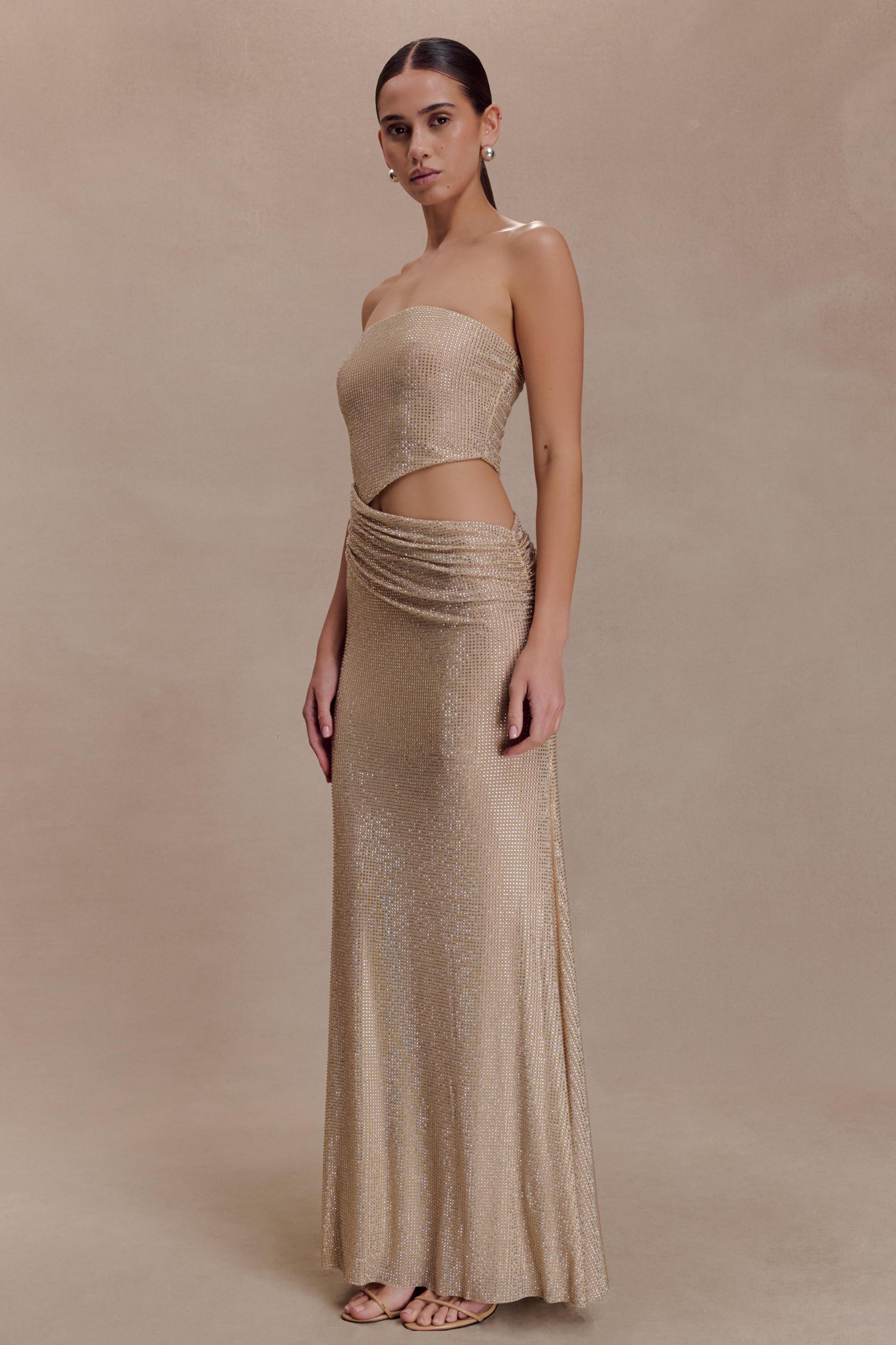 Rhinestone Cut-Out Off-Shoulder Maxi Dress