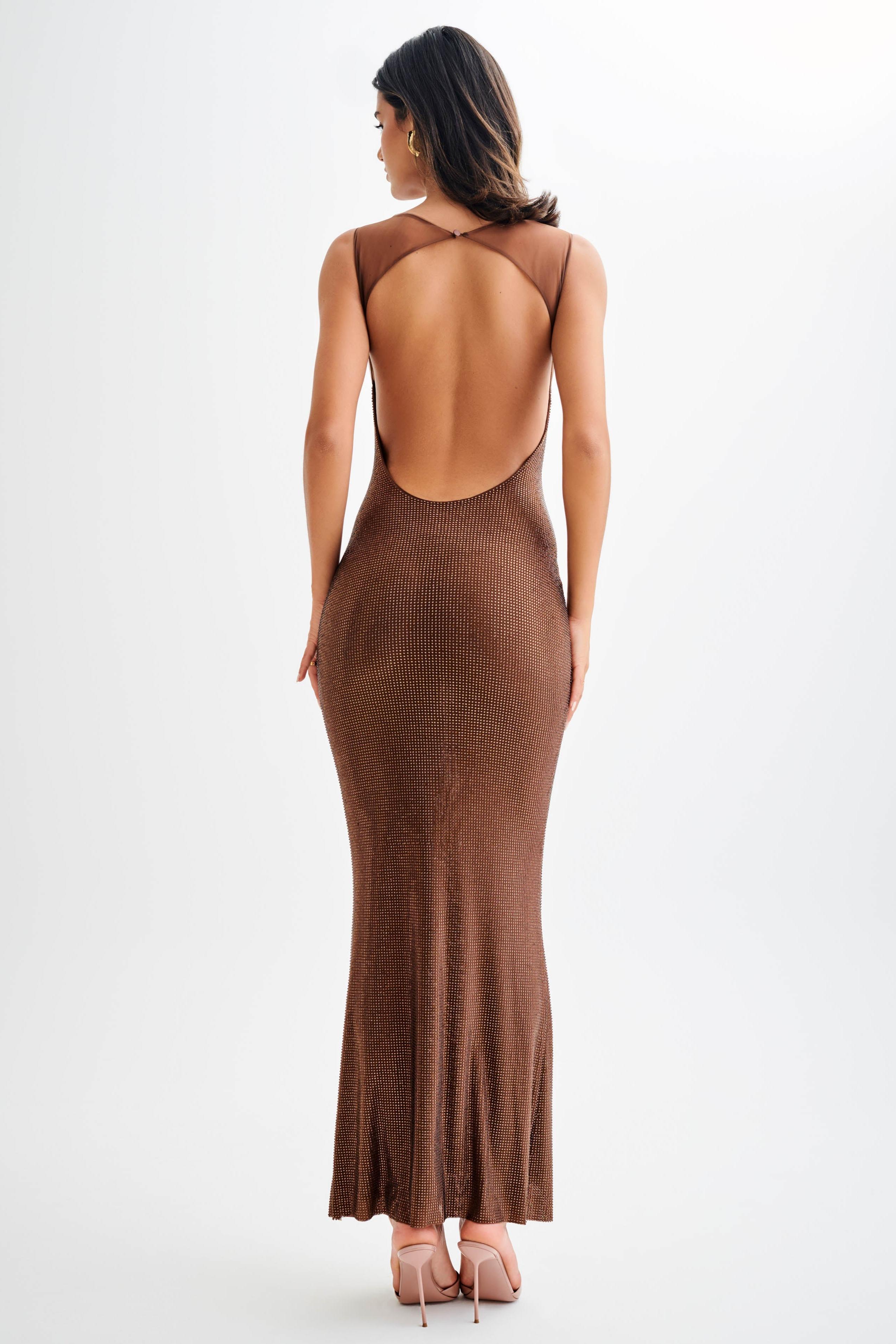 Mesh Rhinestone Off Shoulder Maxi Dress