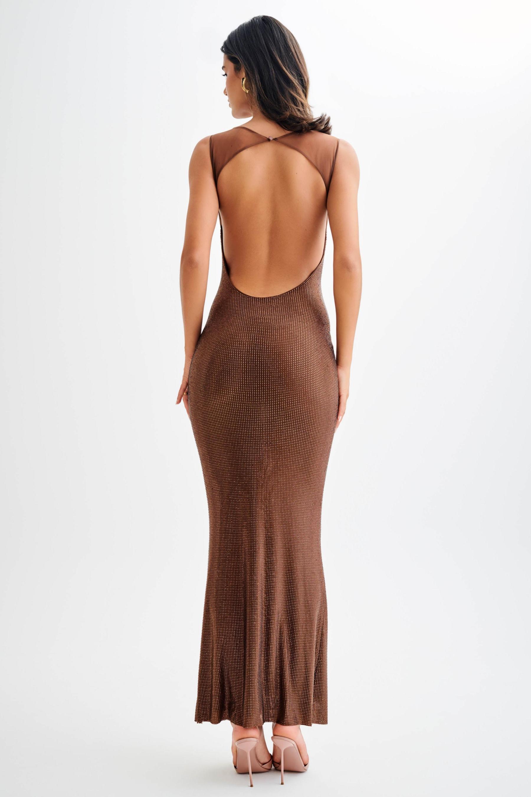 Mesh Rhinestone Off Shoulder Maxi Dress