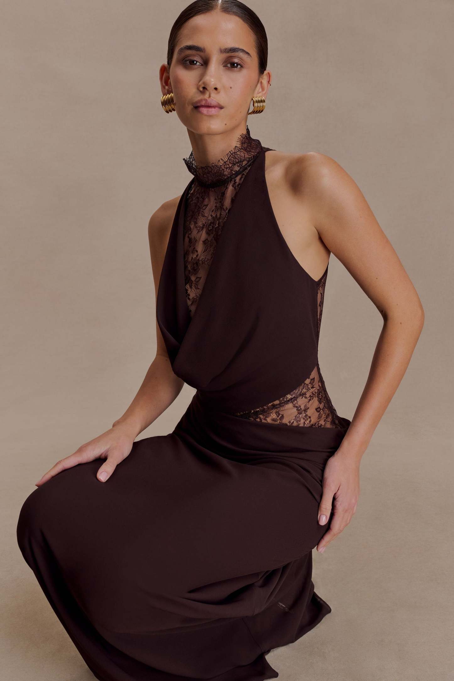 Lace Splicing Jersey See-Through Maxi Dress