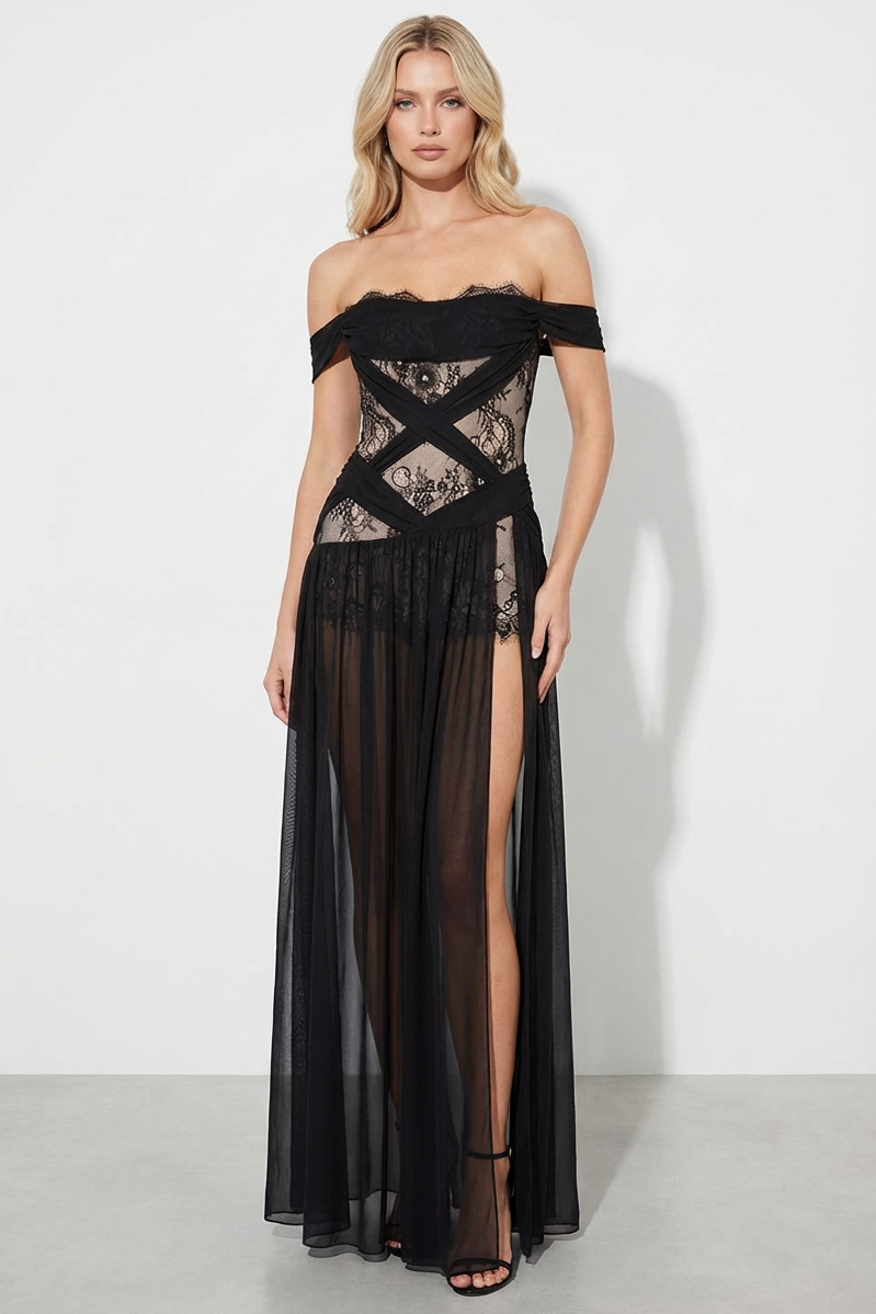 Lace Off-Shoulder Slit Maxi Dress