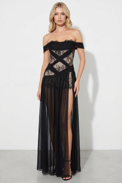 Lace Off-Shoulder Slit Maxi Dress