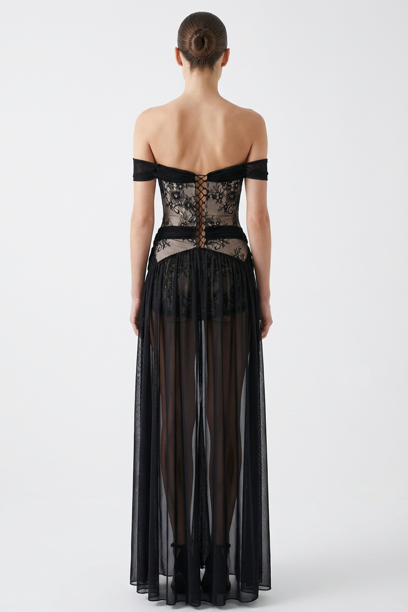 Lace Off-Shoulder Slit Maxi Dress