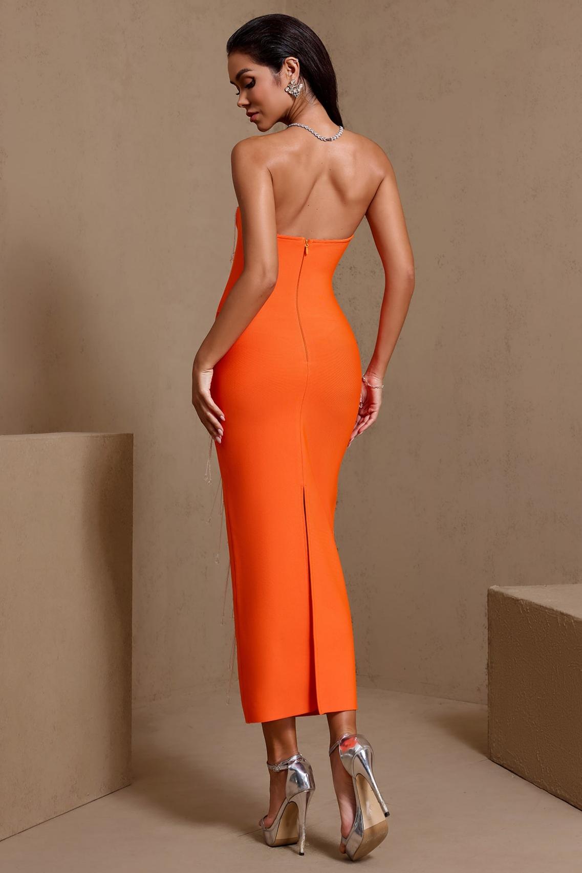 Bandage Off-Shoulder Beaded Tassel Midi Dress