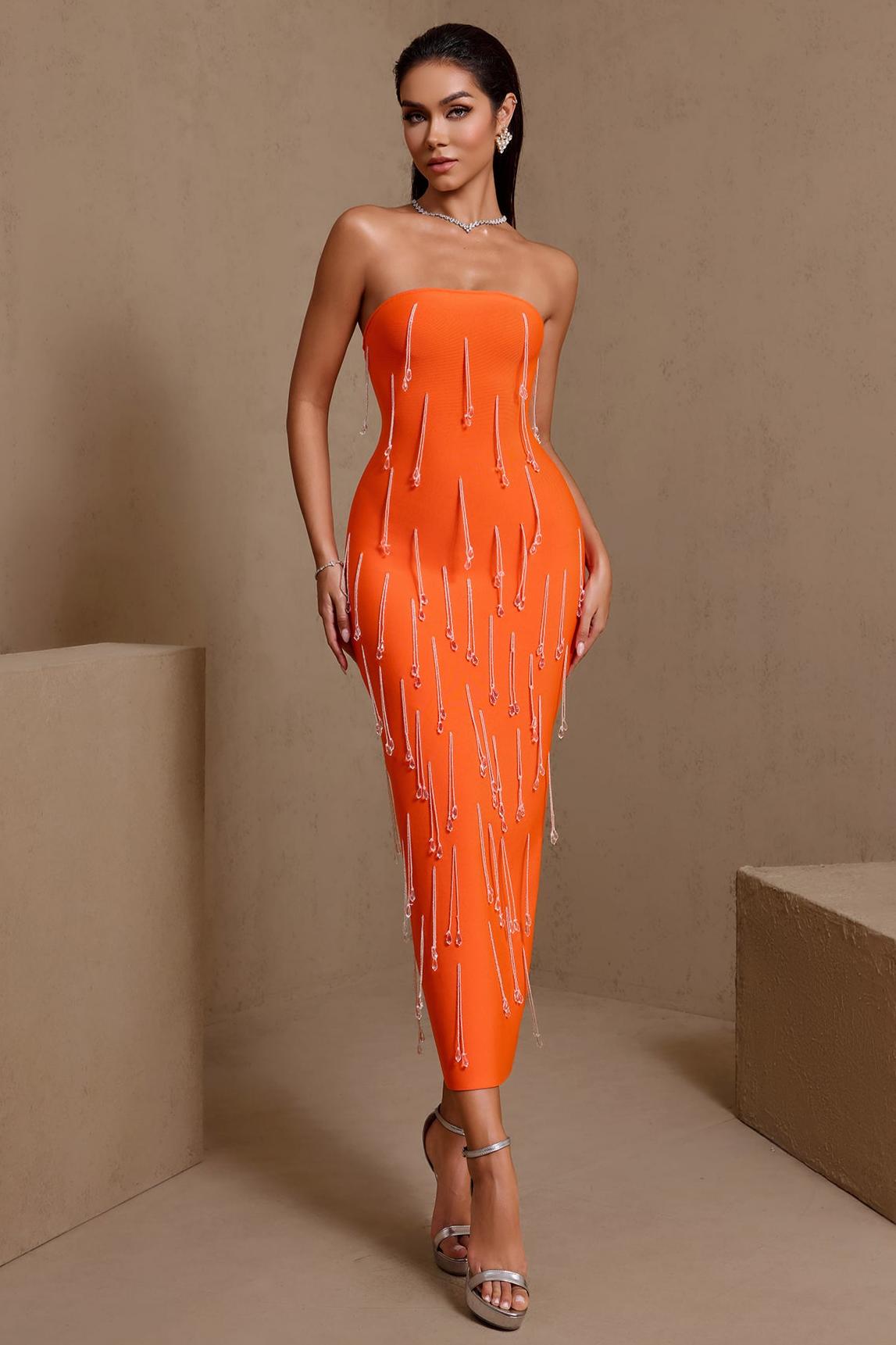 Bandage Off-Shoulder Beaded Tassel Midi Dress