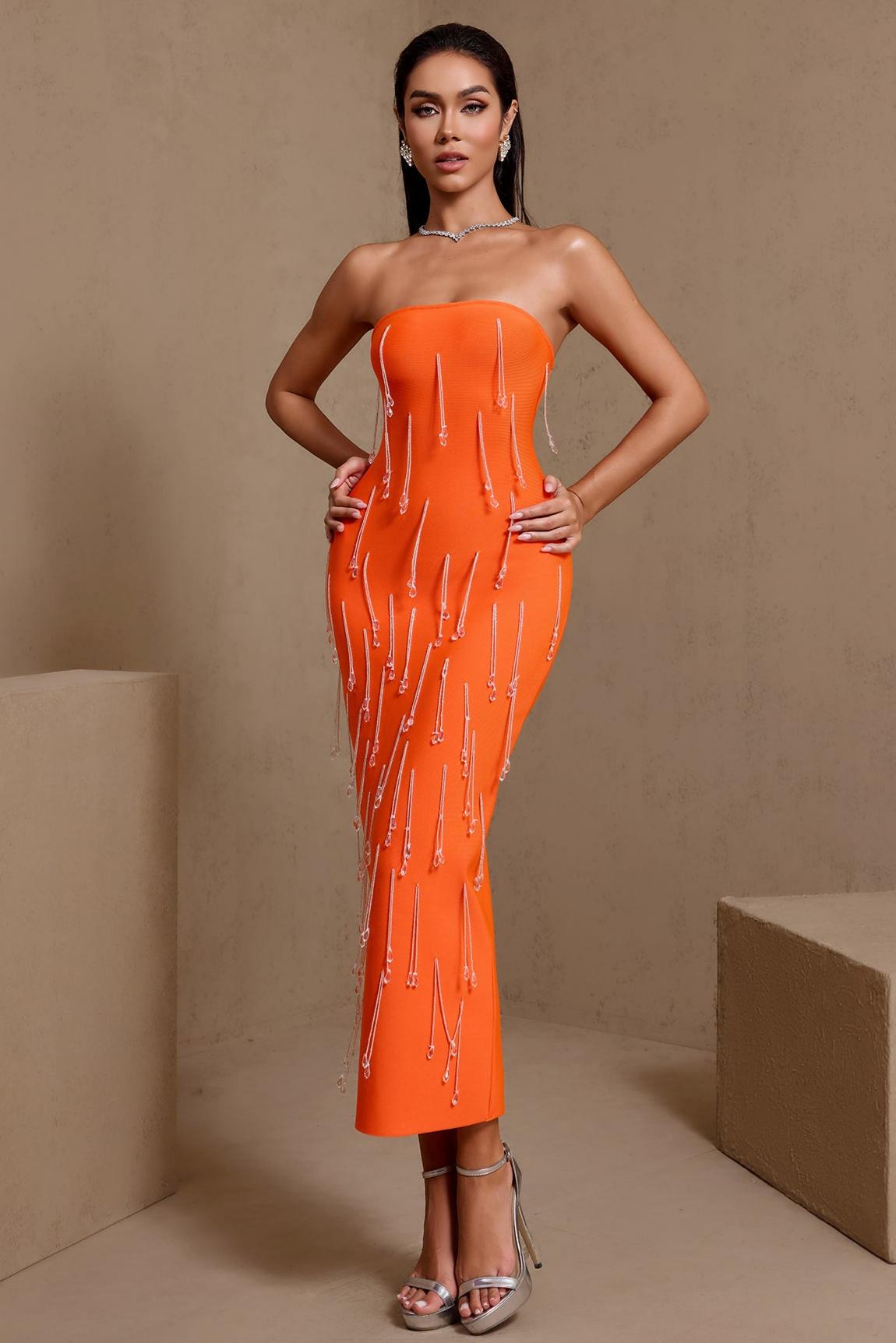 Bandage Off-Shoulder Beaded Tassel Midi Dress