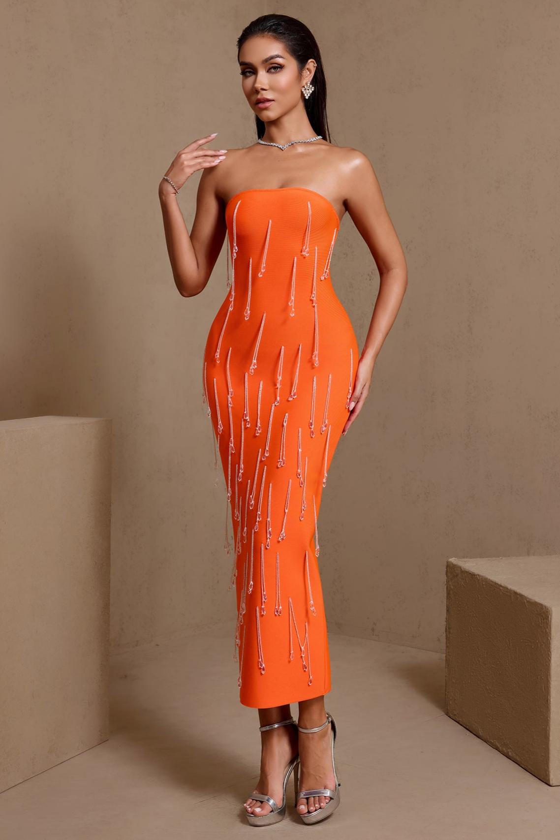 Bandage Off-Shoulder Beaded Tassel Midi Dress
