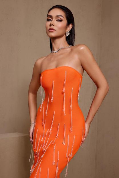 Bandage Off-Shoulder Beaded Tassel Midi Dress