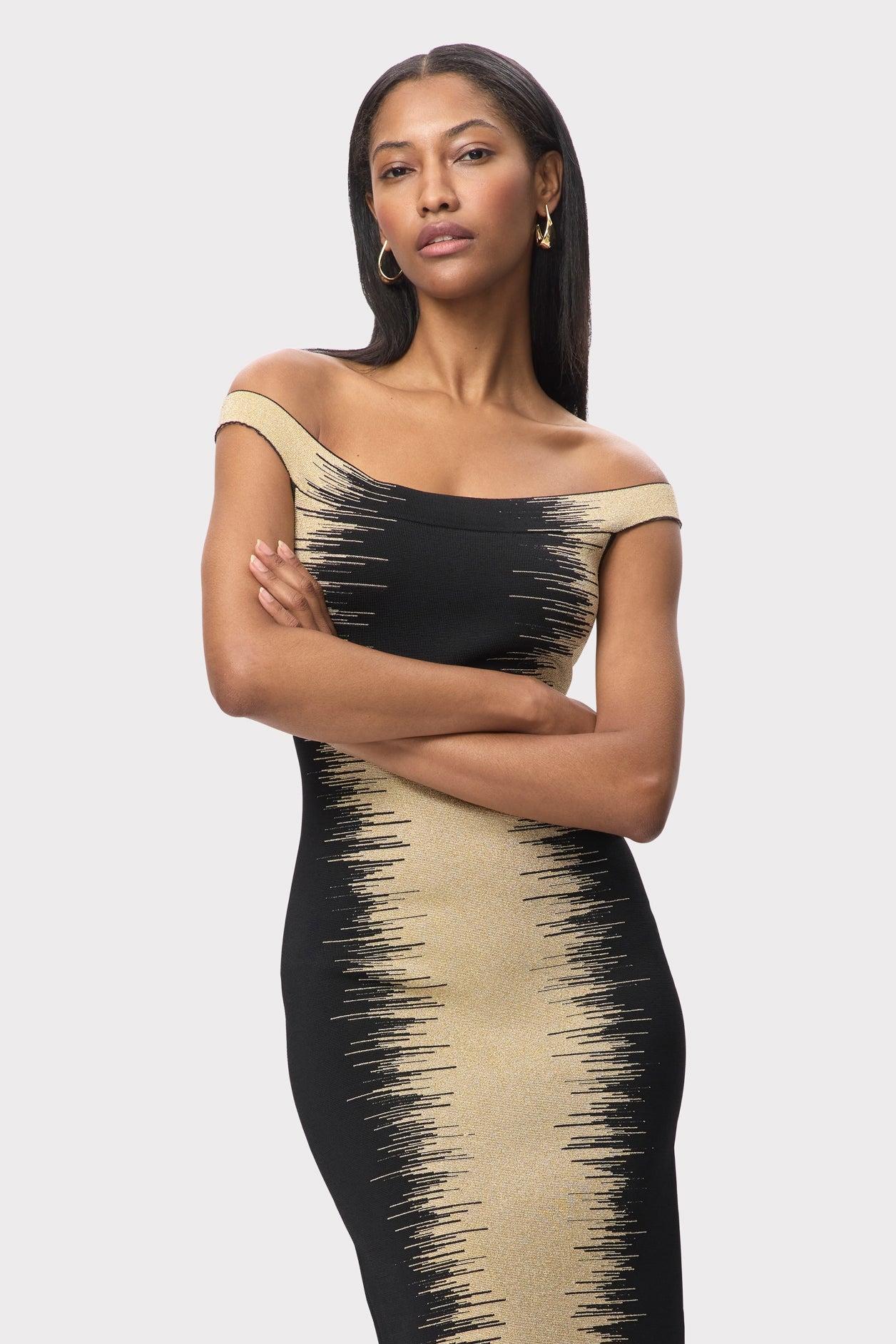 Contrast Color Bandage Off-Shoulder Midi Dress