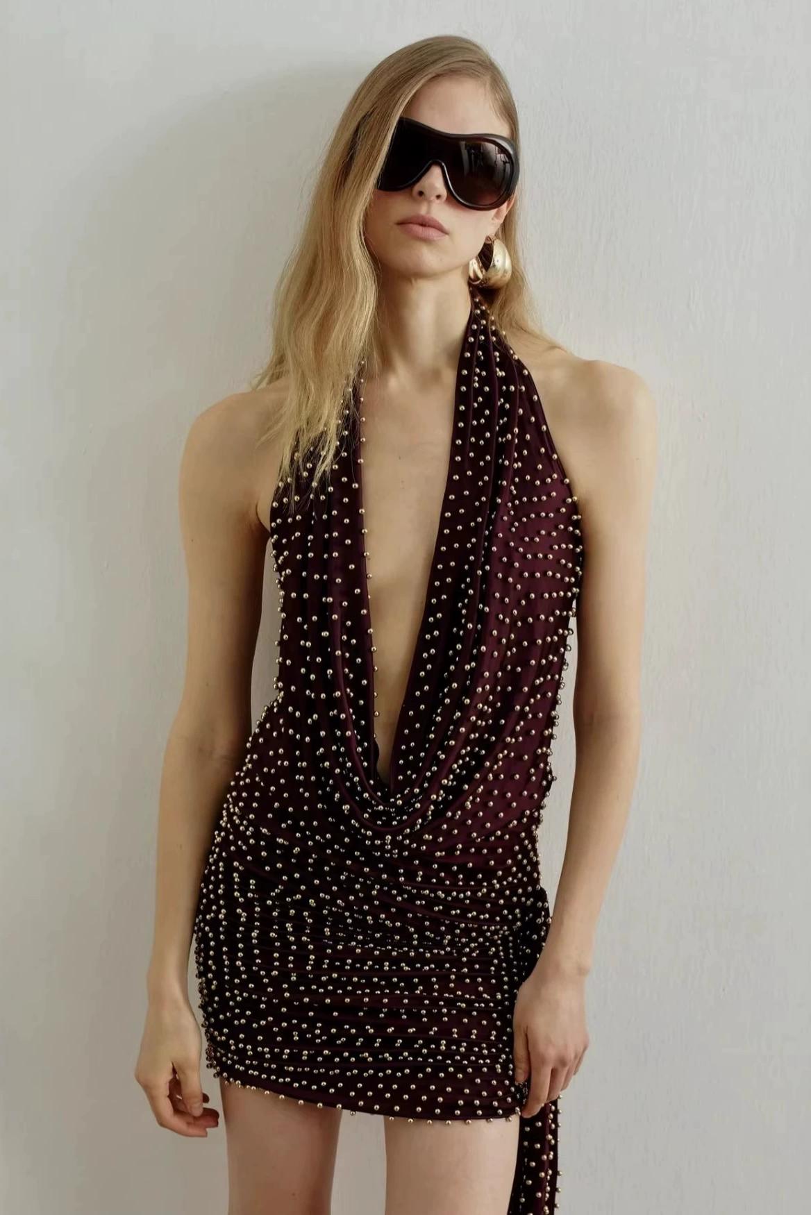 Jersey Rivet Swing Collar Mini Dress