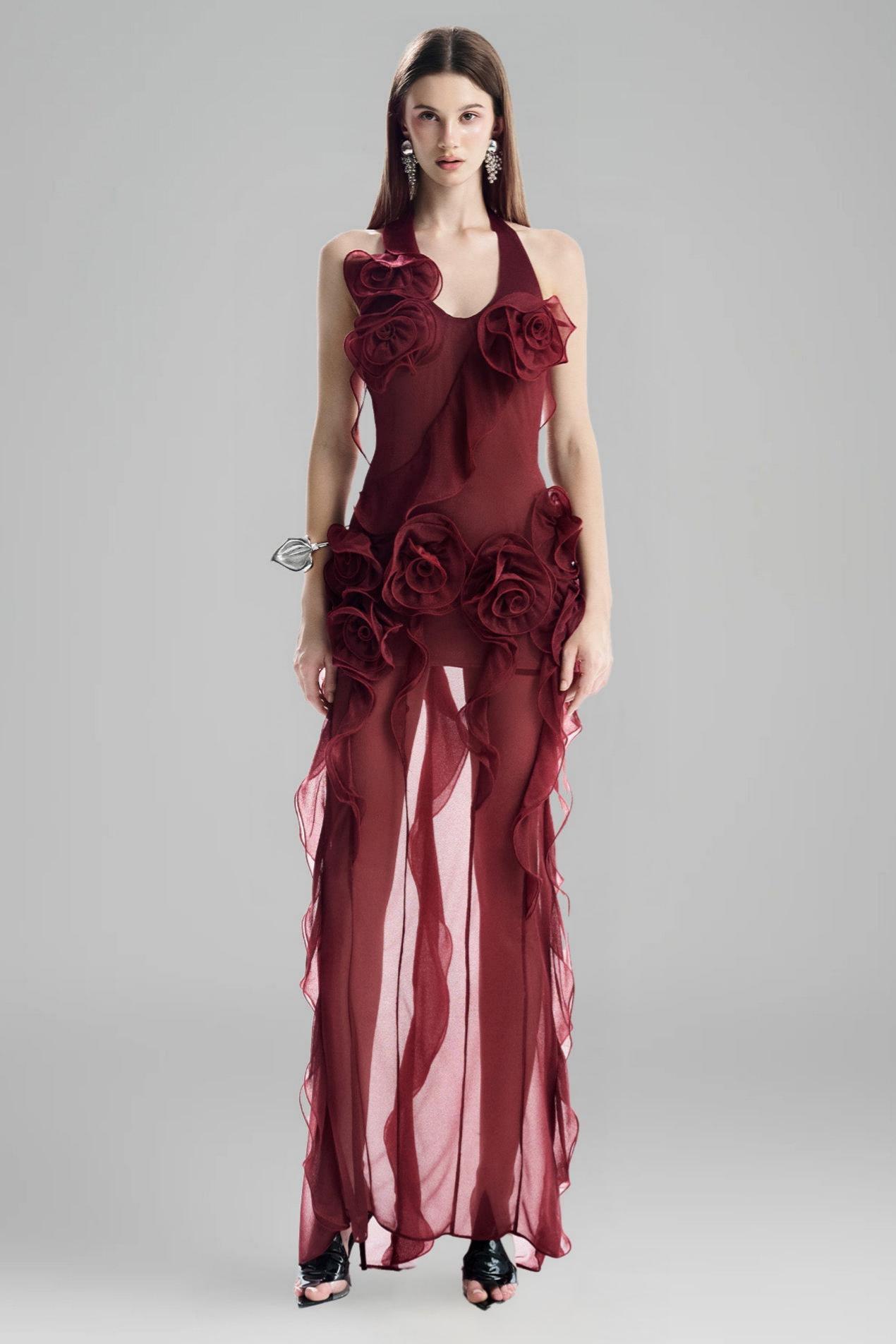 Luxury 3D Flower Ruffle Maxi Dress