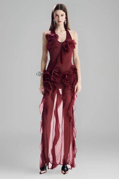 Luxury 3D Flower Ruffle Maxi Dress