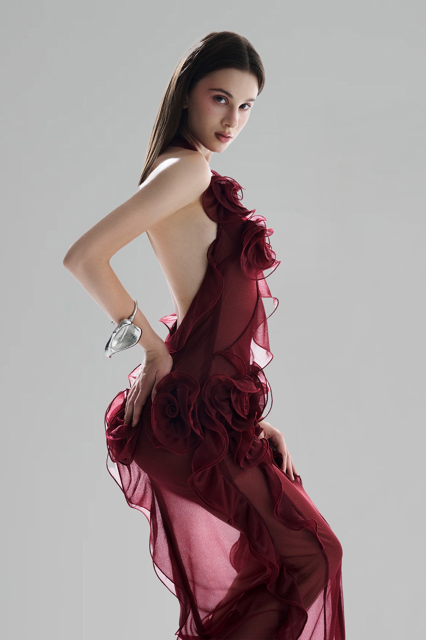 Luxury 3D Flower Ruffle Maxi Dress