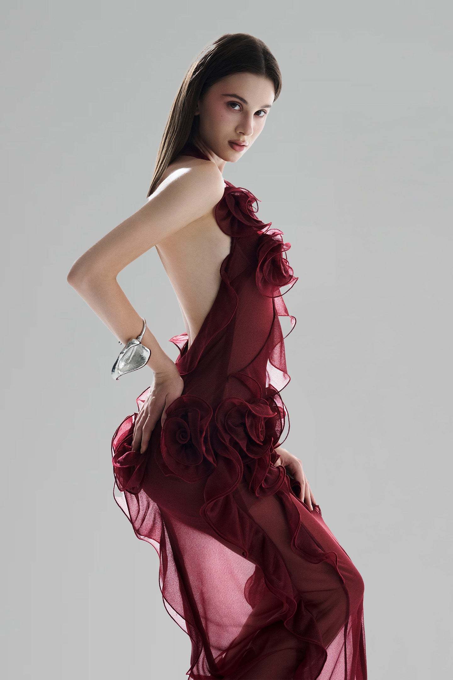 Luxury 3D Flower Ruffle Maxi Dress