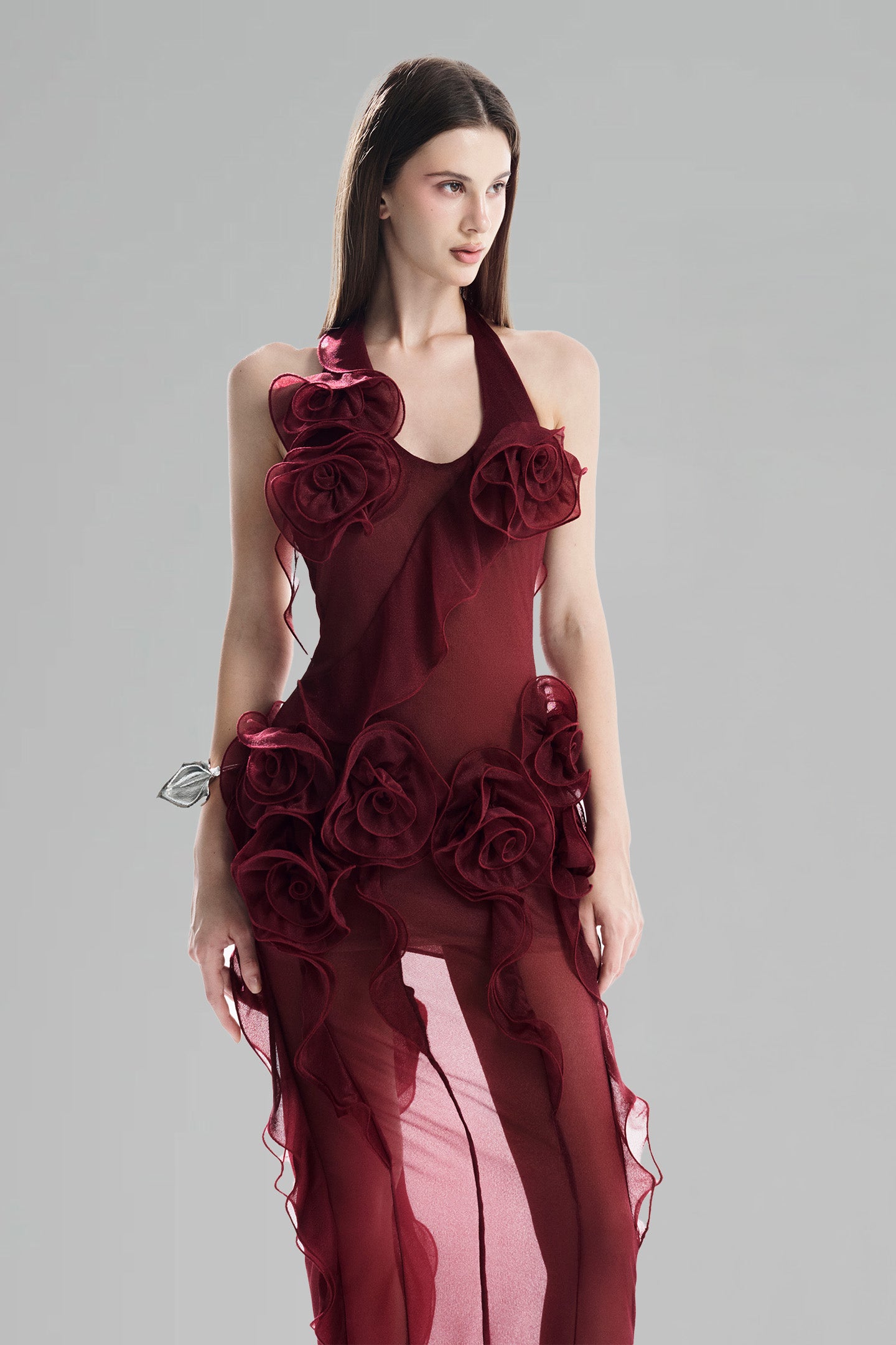 Luxury 3D Flower Ruffle Maxi Dress