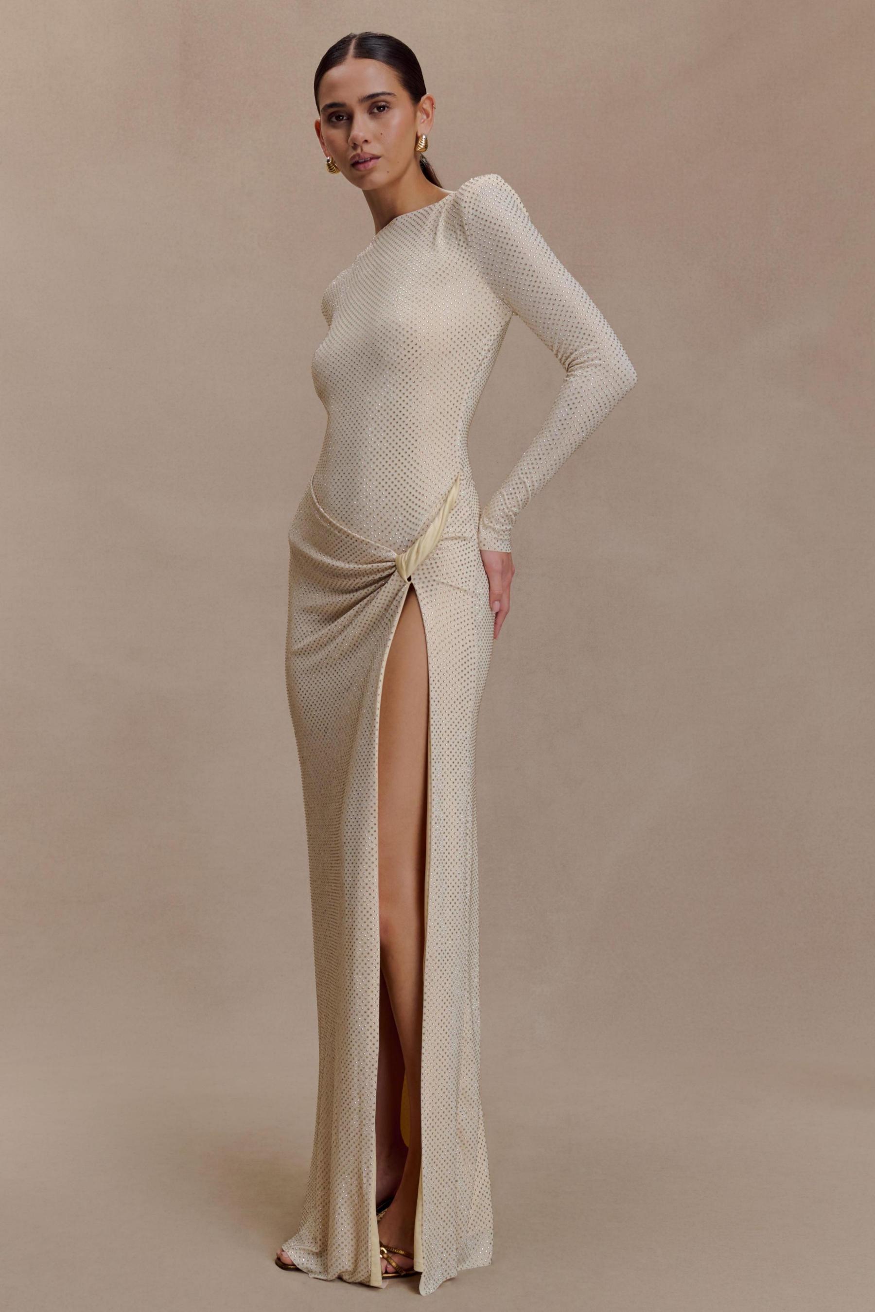 Rhinestone Long Sleeve Slit Maxi Dress