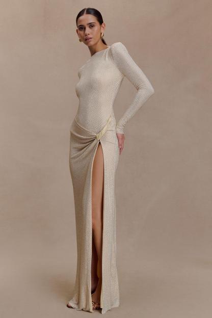 Rhinestone Long Sleeve Slit Maxi Dress