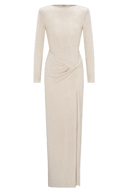 Rhinestone Long Sleeve Slit Maxi Dress