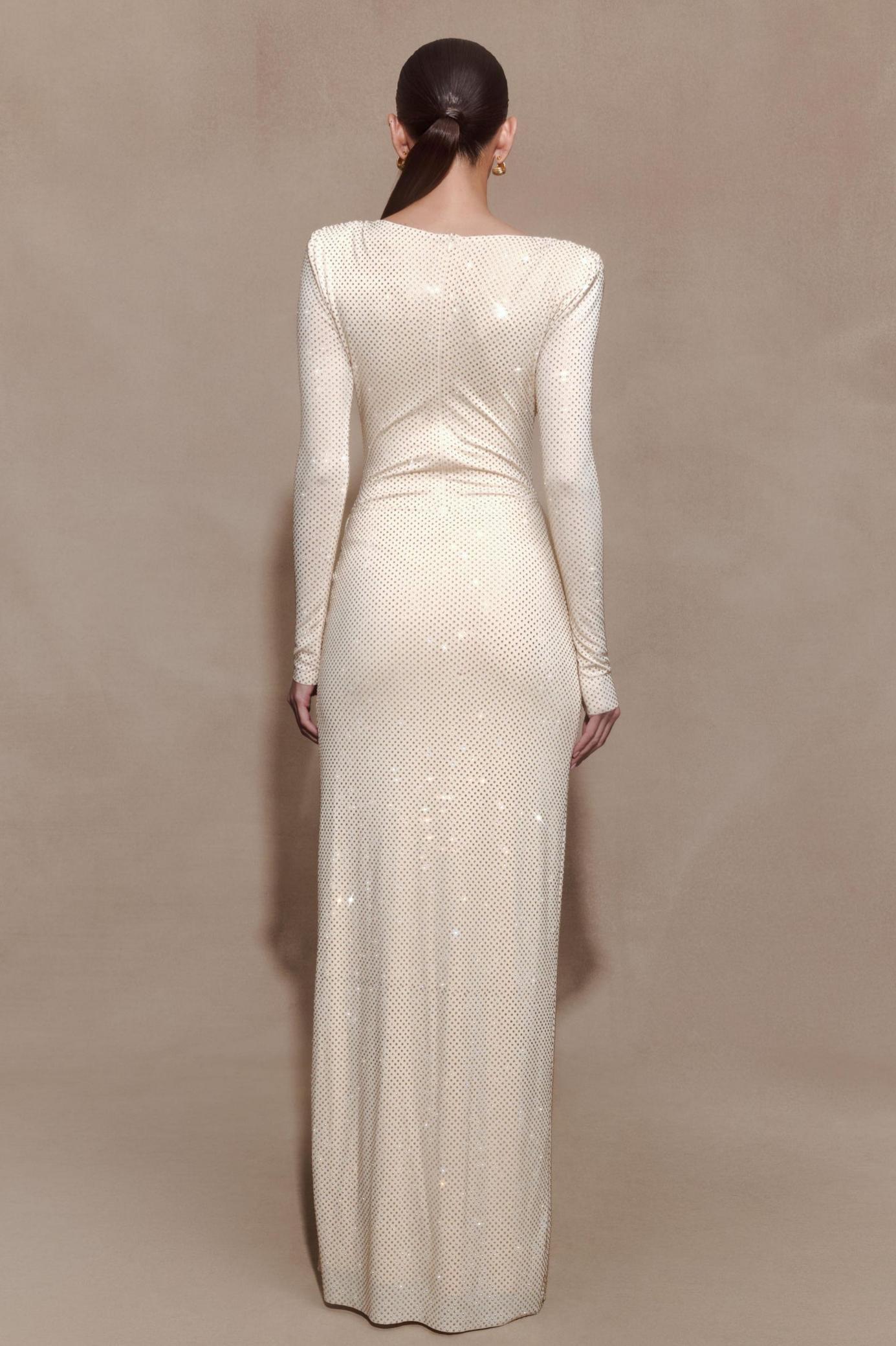 Rhinestone Long Sleeve Slit Maxi Dress