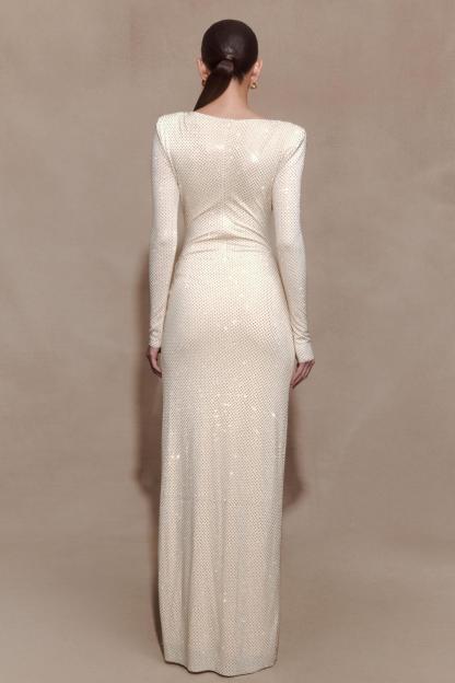 Rhinestone Long Sleeve Slit Maxi Dress