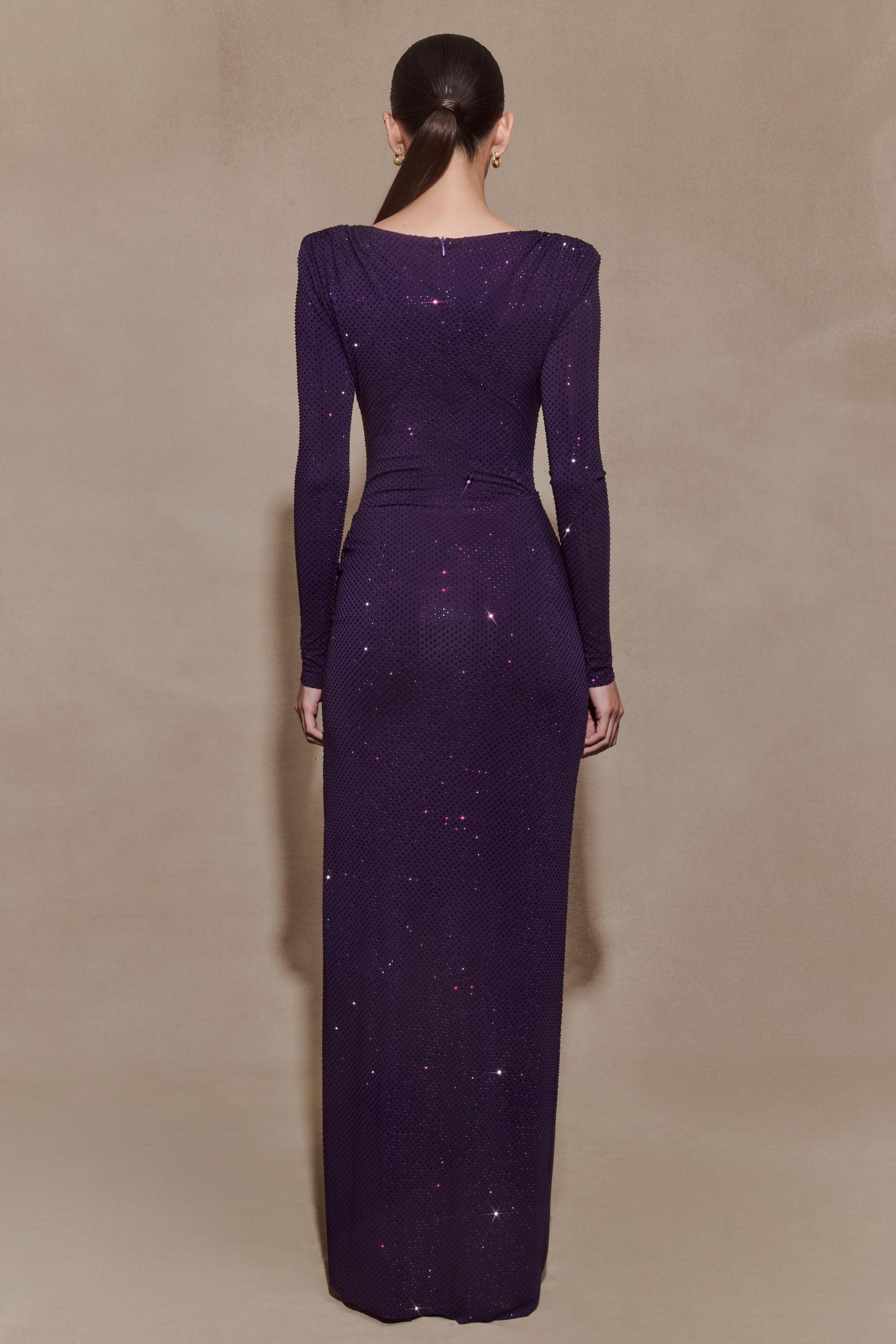 Rhinestone Long Sleeve Slit Maxi Dress