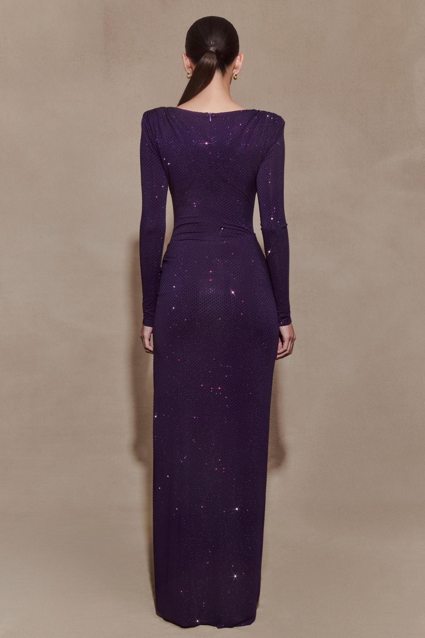 Rhinestone Long Sleeve Slit Maxi Dress