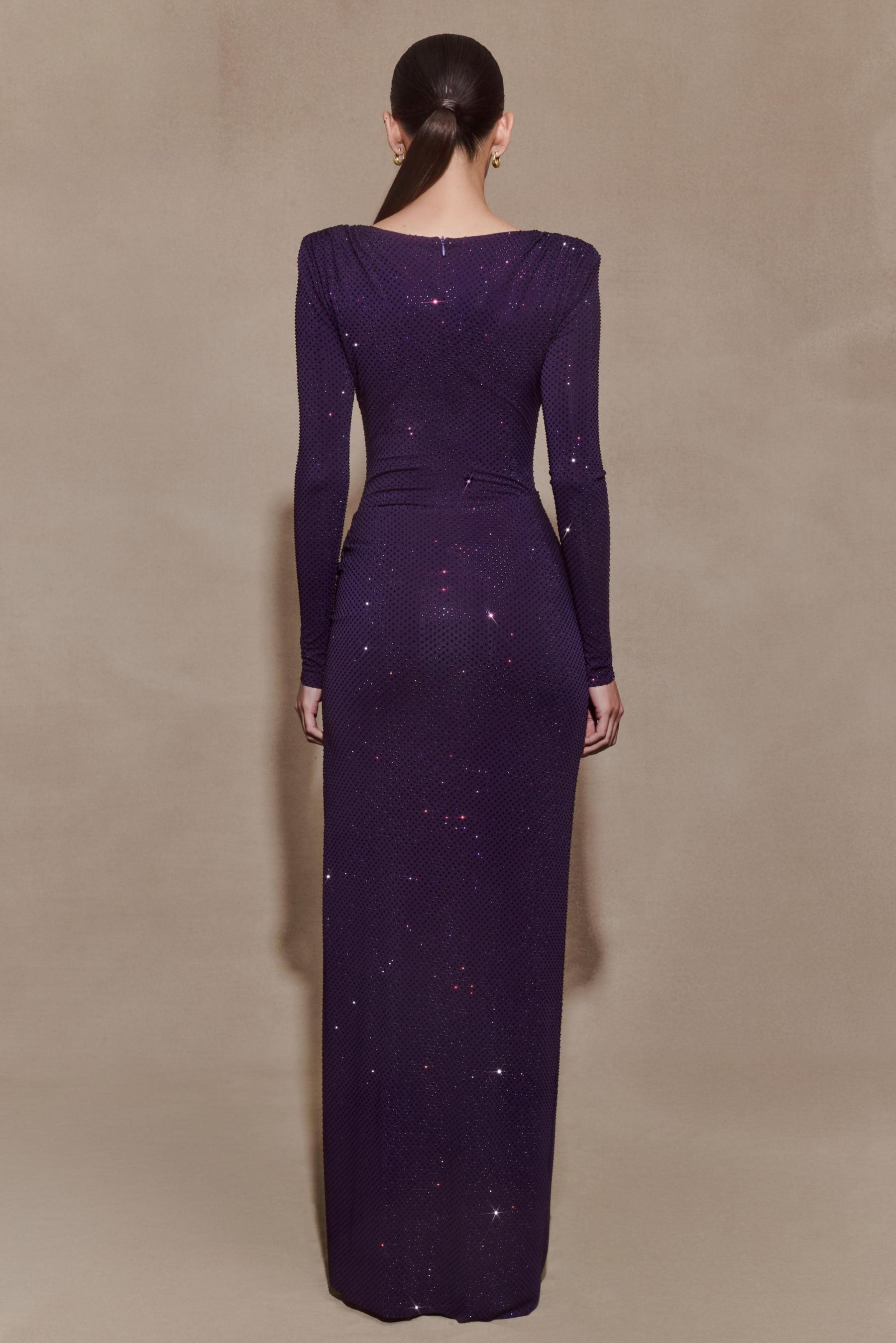 Rhinestone Long Sleeve Slit Maxi Dress