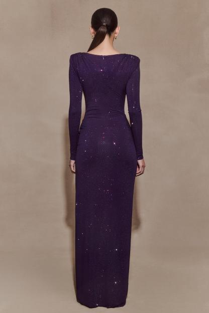 Rhinestone Long Sleeve Slit Maxi Dress