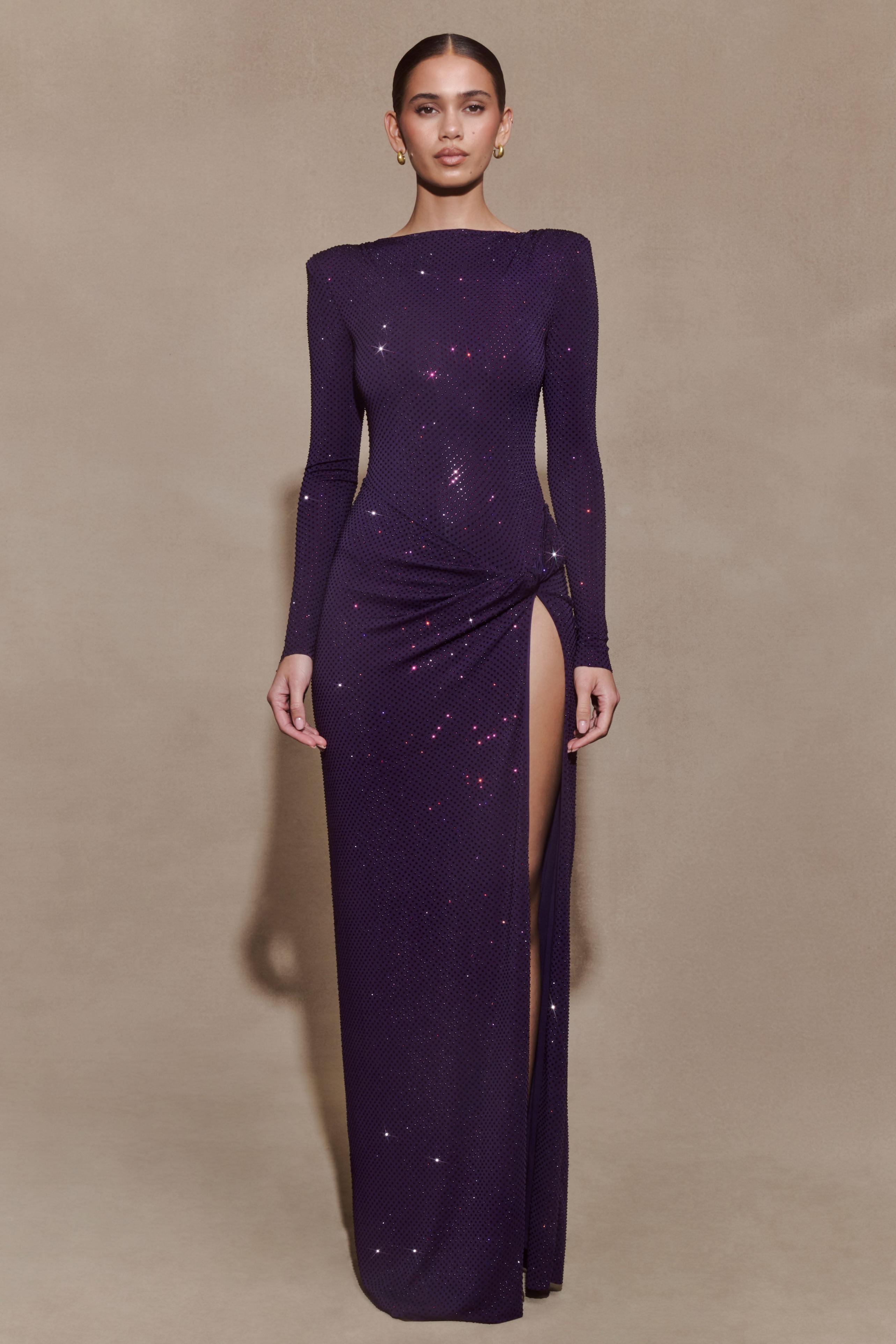 Rhinestone Long Sleeve Slit Maxi Dress