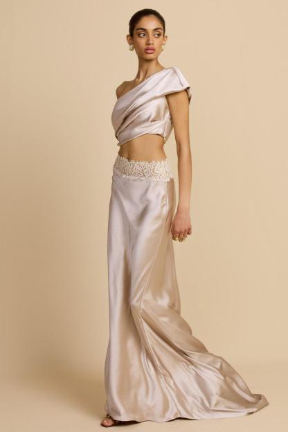 Satin Pleated Skew Collar Top & Lace Splicing Skirt Set