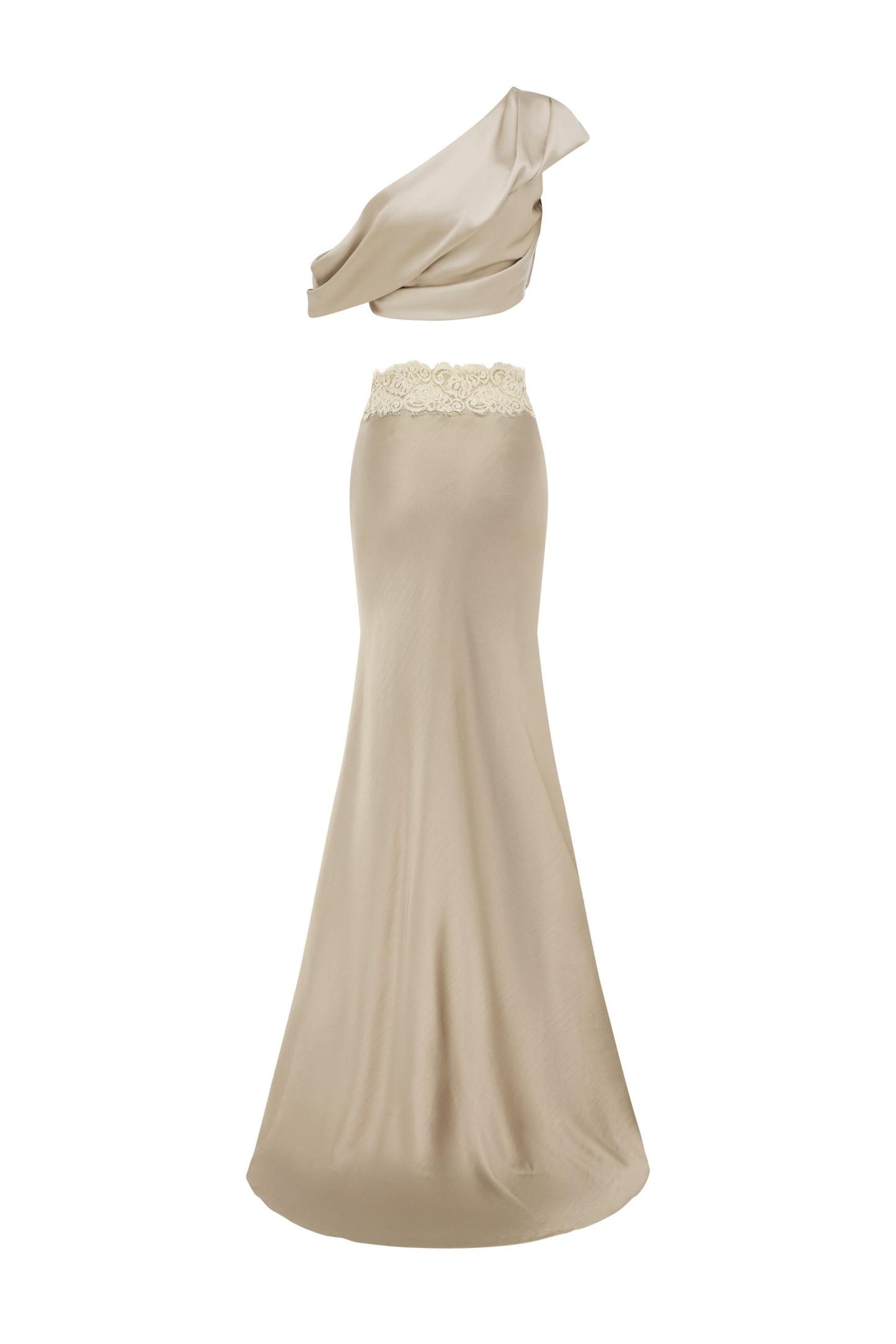 Satin Pleated Skew Collar Top & Lace Splicing Skirt Set