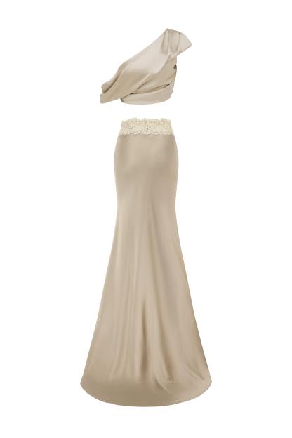 Satin Pleated Skew Collar Top & Lace Splicing Skirt Set