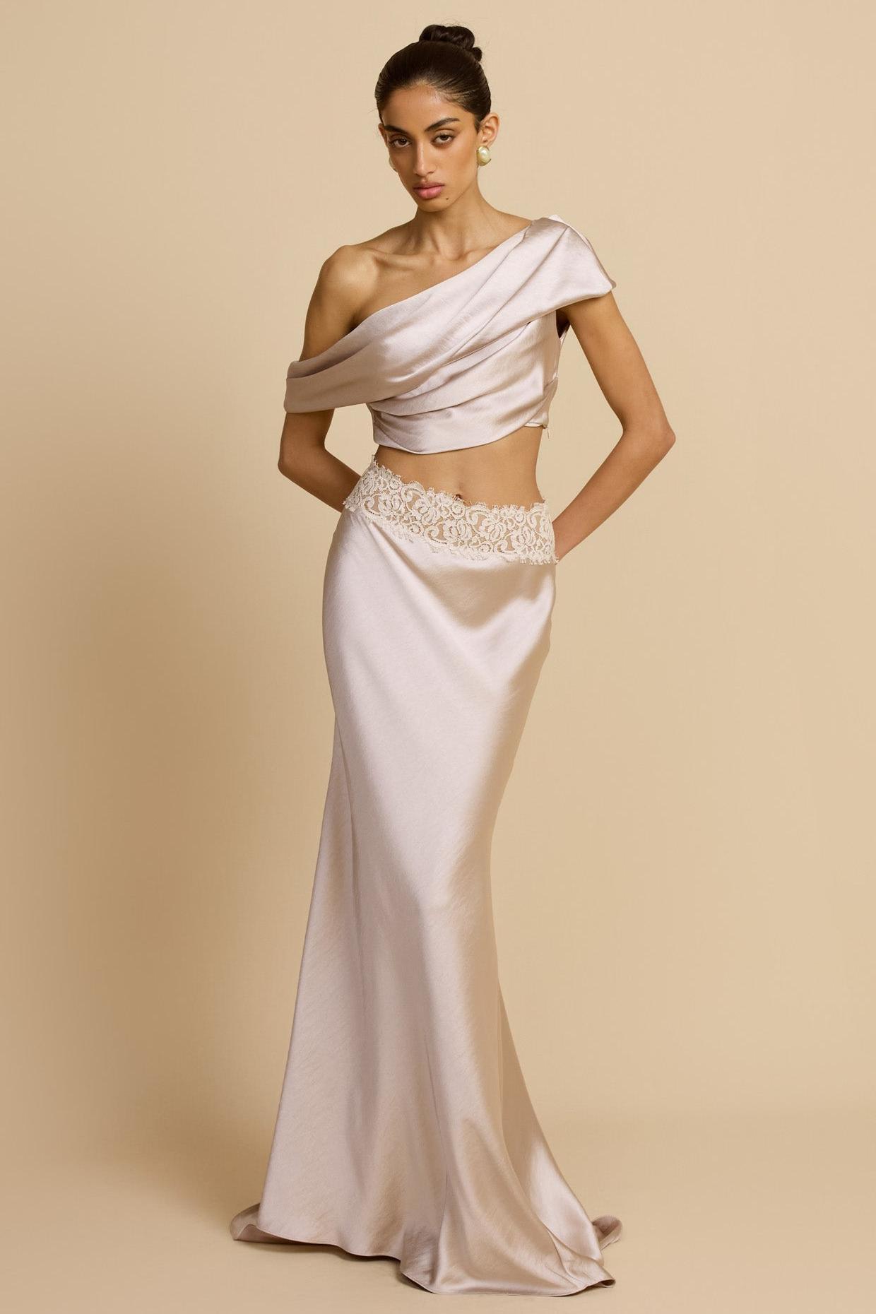 Satin Pleated Skew Collar Top & Lace Splicing Skirt Set